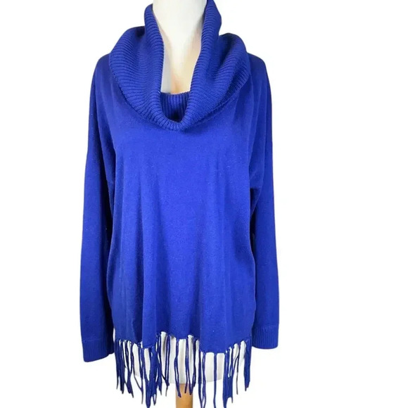 Michael Kors Women's OX Amalfi Blue Cowl Neck Long Sleeve Fringe Sweater Size L - Picture 2 of 12